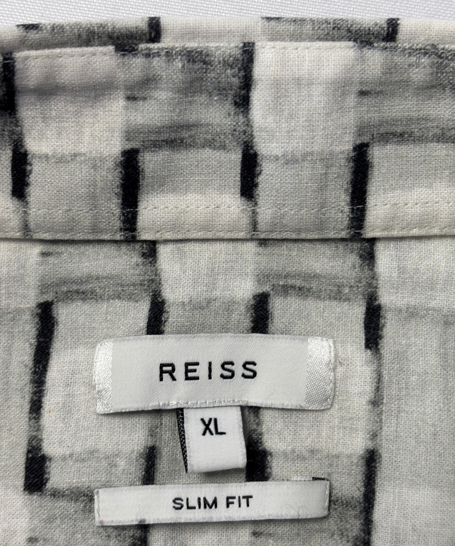 Reiss Black and White Grid Short Sleeve Slim Fit Button-Down Shirt