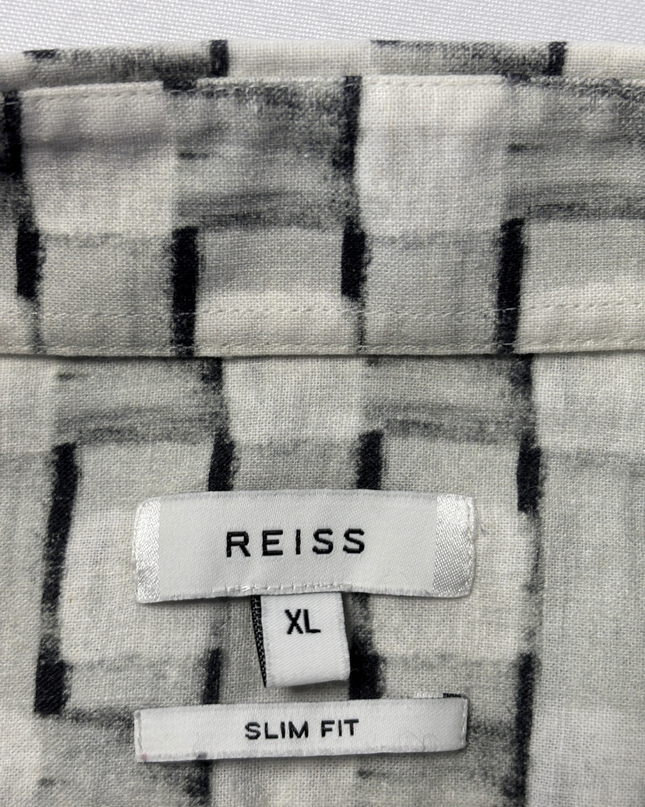 Reiss Black and White Grid Short Sleeve Slim Fit Button-Down Shirt
