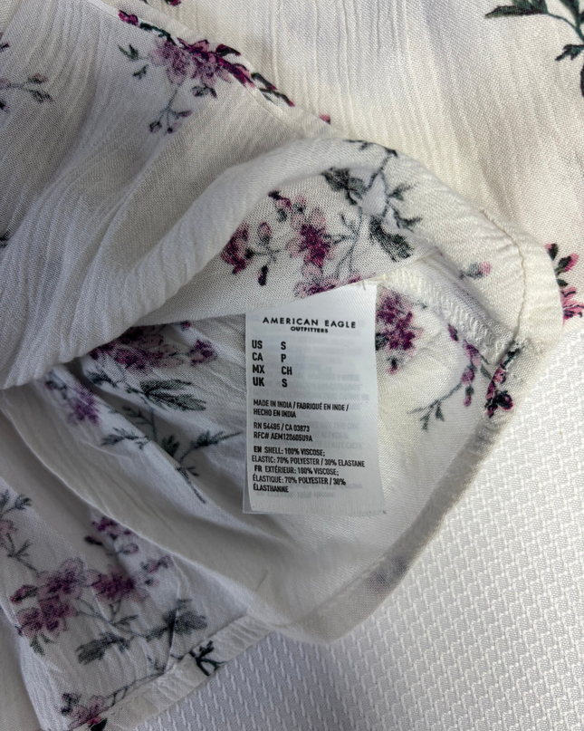 American Eagle White/Purple Floral Smocked Peplum Blouse
