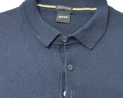 BOSS Navy Blue Long Sleeve Knitted Polo Sweater