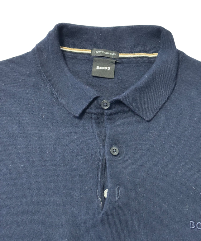 BOSS Navy Blue Long Sleeve Knitted Polo Sweater