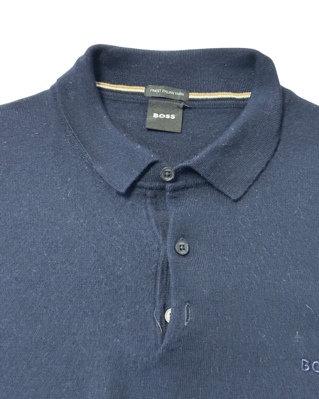 BOSS Navy Blue Long Sleeve Knitted Polo Sweater