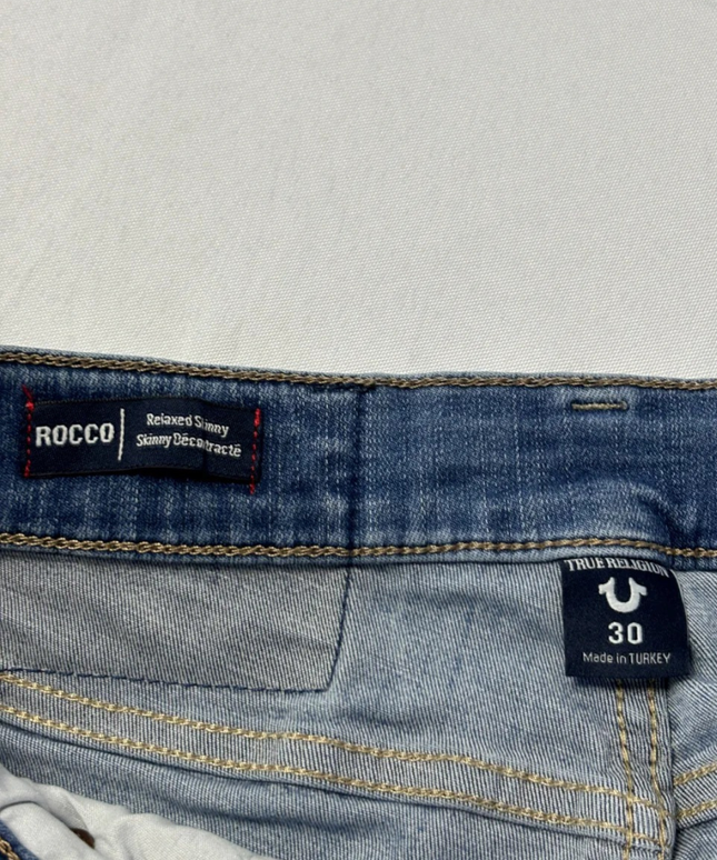 True Religion Blue Rocco Relaxed Skinny Distressed Jeans
