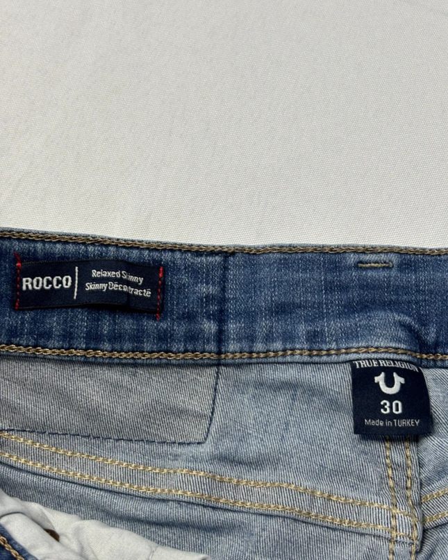 True Religion Blue Rocco Relaxed Skinny Distressed Jeans