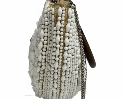 Zara White Beaded Clutch Bag with Wooden Handles