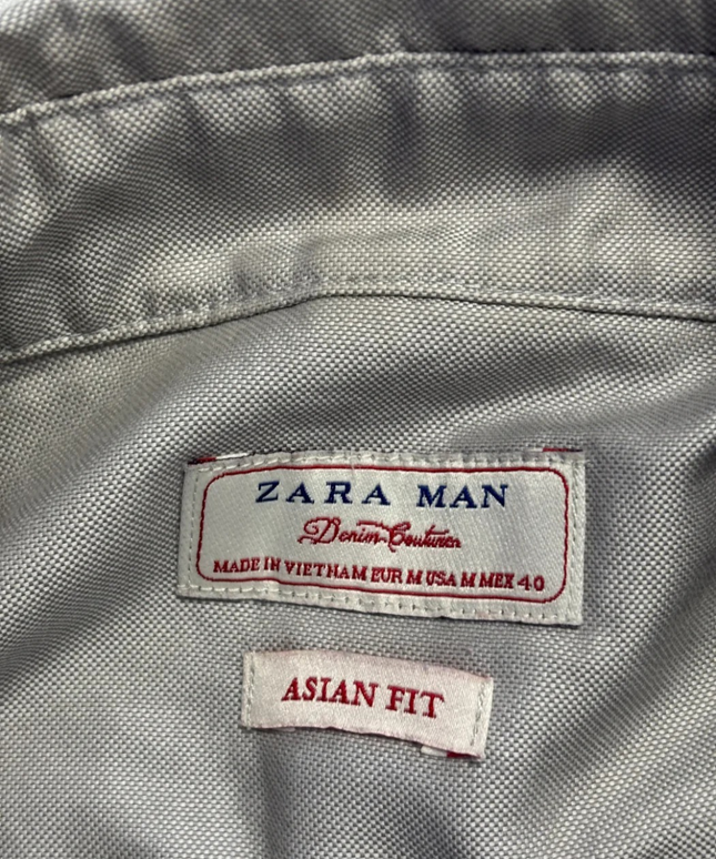 Zara Man Grey Cotton Button-Down Shirt with Striped Pocket