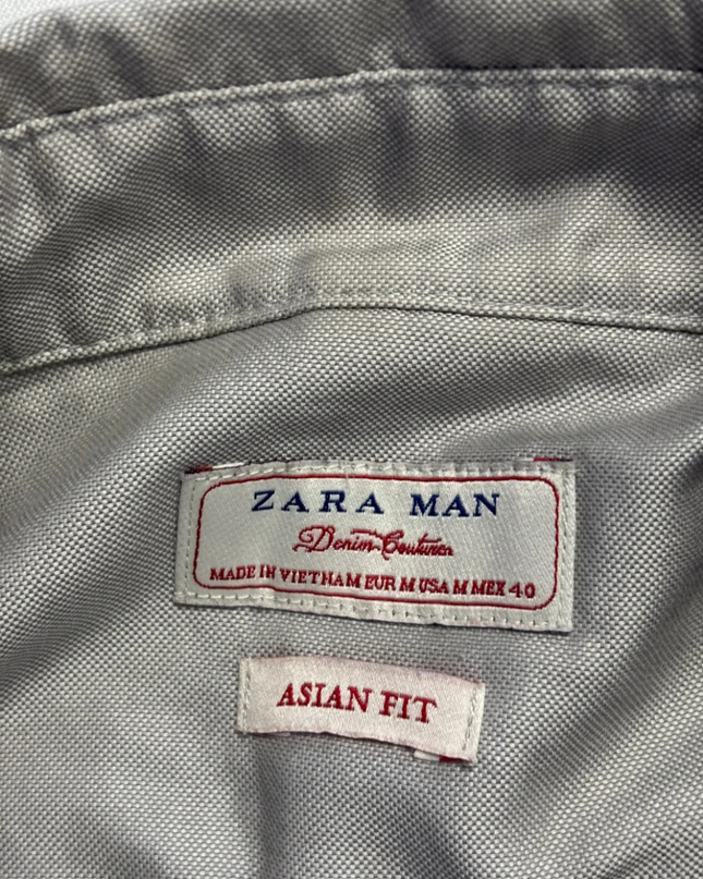 Zara Man Grey Cotton Button-Down Shirt with Striped Pocket