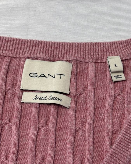GANT Pink Cable Knit V-Neck Stretch Cotton Sweater