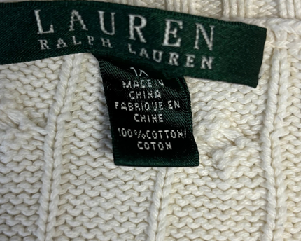 Ralph Lauren Cream Cable Knit Split V-Neck Cotton Sweater