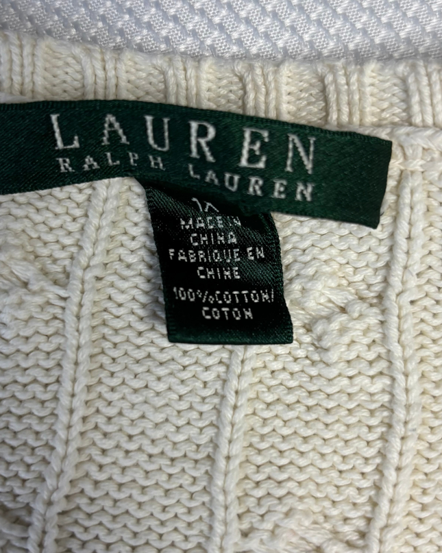 Ralph Lauren Cream Cable Knit Split V-Neck Cotton Sweater