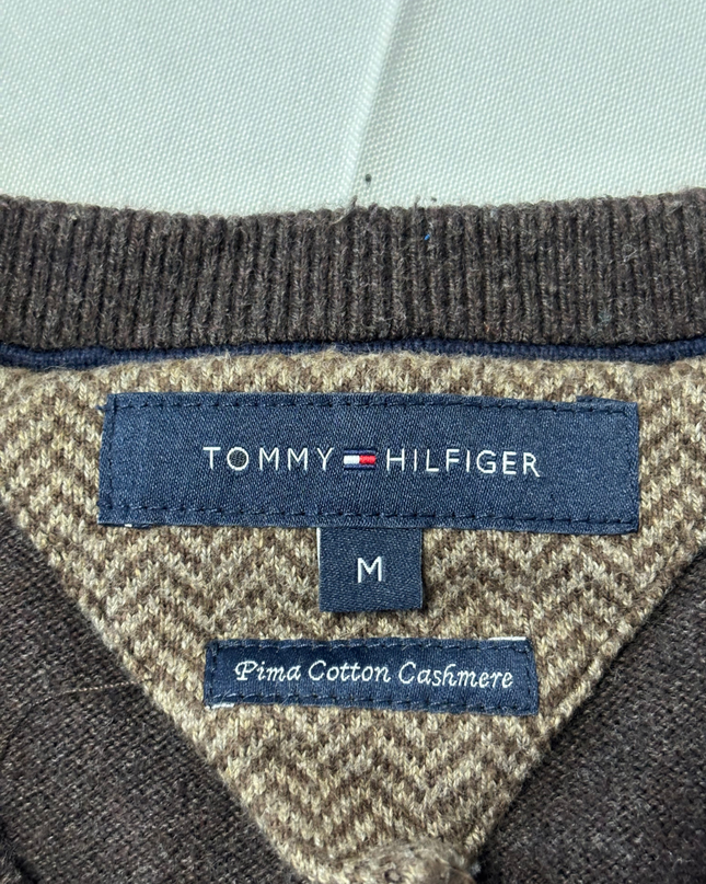 Tommy Hilfiger Brown Pima Cotton Cashmere V-Neck Sweater