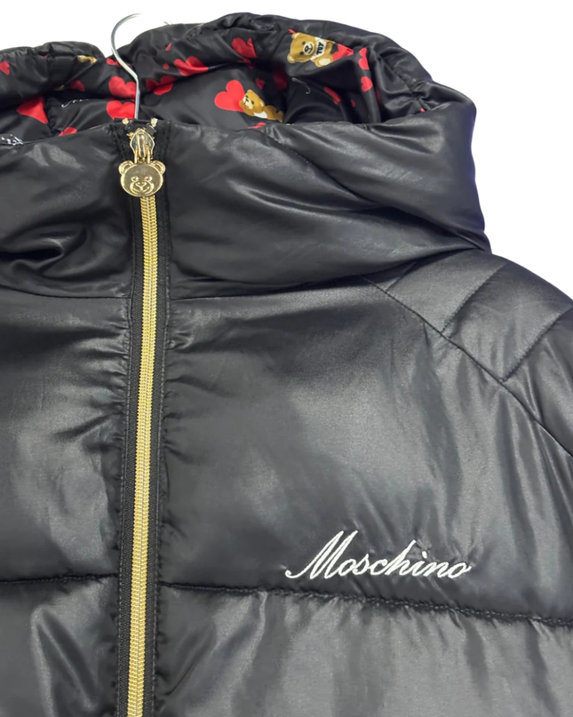 Moschino Black Hooded Puffer Jacket with Teddy Bear Print Lining