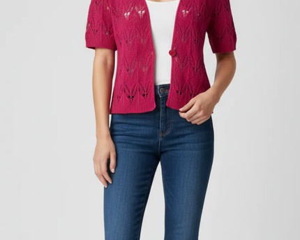 Kim Rogers Petite Fuchsia Pink Short Sleeve Pointelle Knit Cardigan