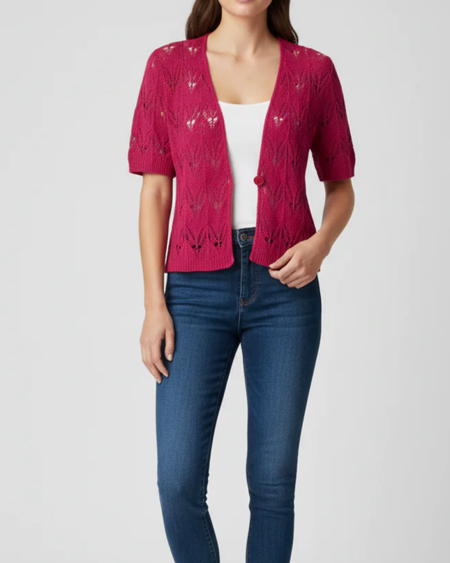 Kim Rogers Petite Fuchsia Pink Short Sleeve Pointelle Knit Cardigan