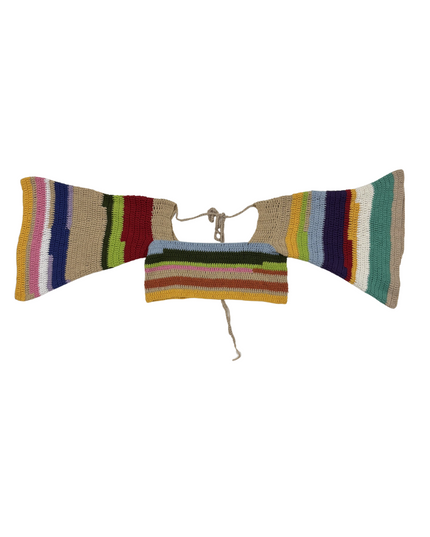 Boho Carnival Multicolor Crochet Bell Sleeve Tie-Up Crop Top - XS