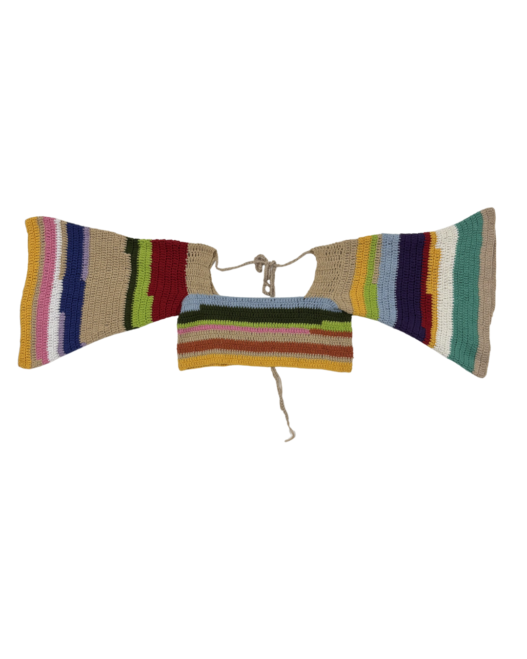 Boho Carnival Multicolor Crochet Bell Sleeve Tie-Up Crop Top - XS