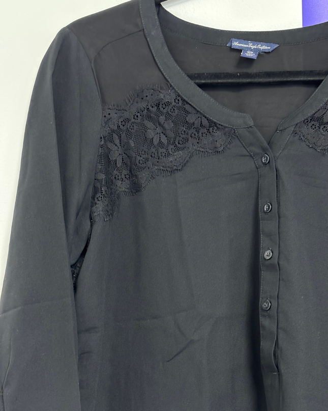 American Eagle Black Lace Detail Henley Blouse