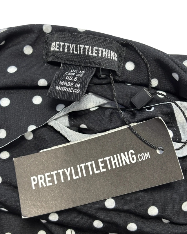 PrettyLittleThing Black Polka Dot Ruched Front Dress W/Tags