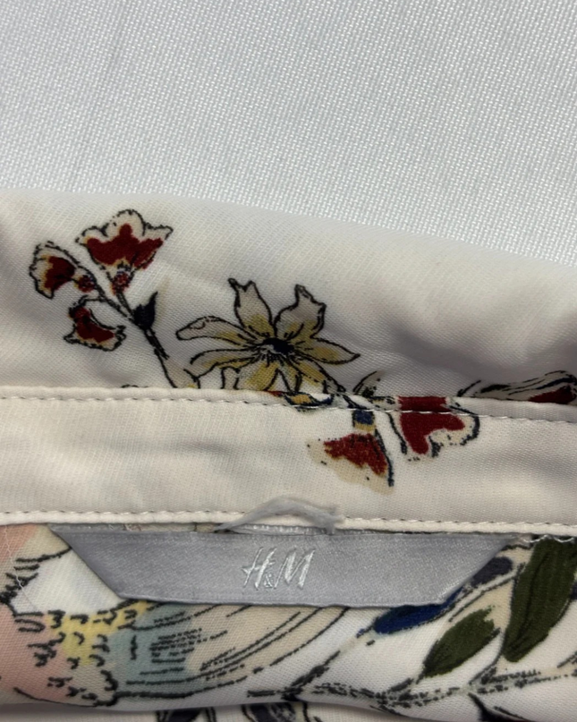 H&M Off-White Bird and Floral Print Long Sleeve Blouse