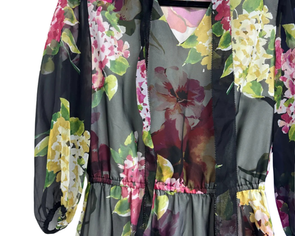 Lauren Ralph Lauren Black Multi Floral Sheer Tiered Midi Dress