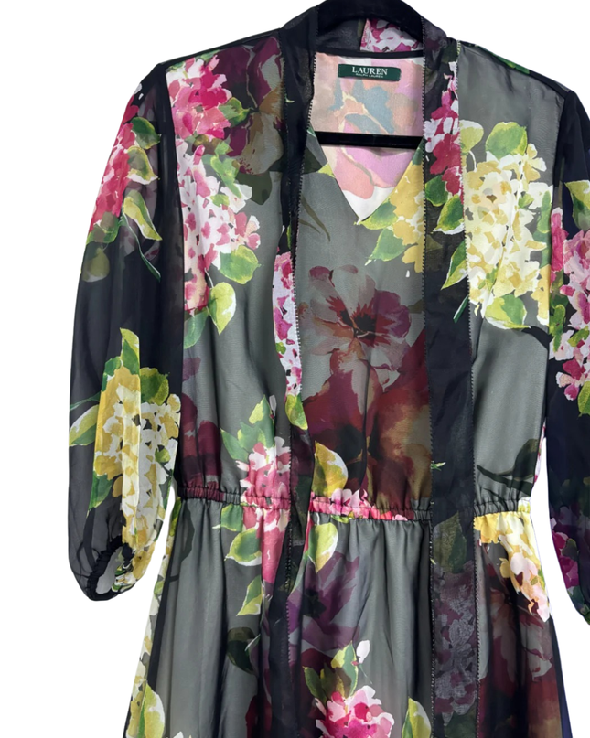 Lauren Ralph Lauren Black Multi Floral Sheer Tiered Midi Dress