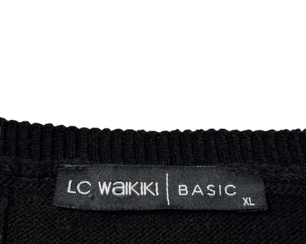 LC WAIKIKI Black Textured Grid Knit Crew Neck Sweater