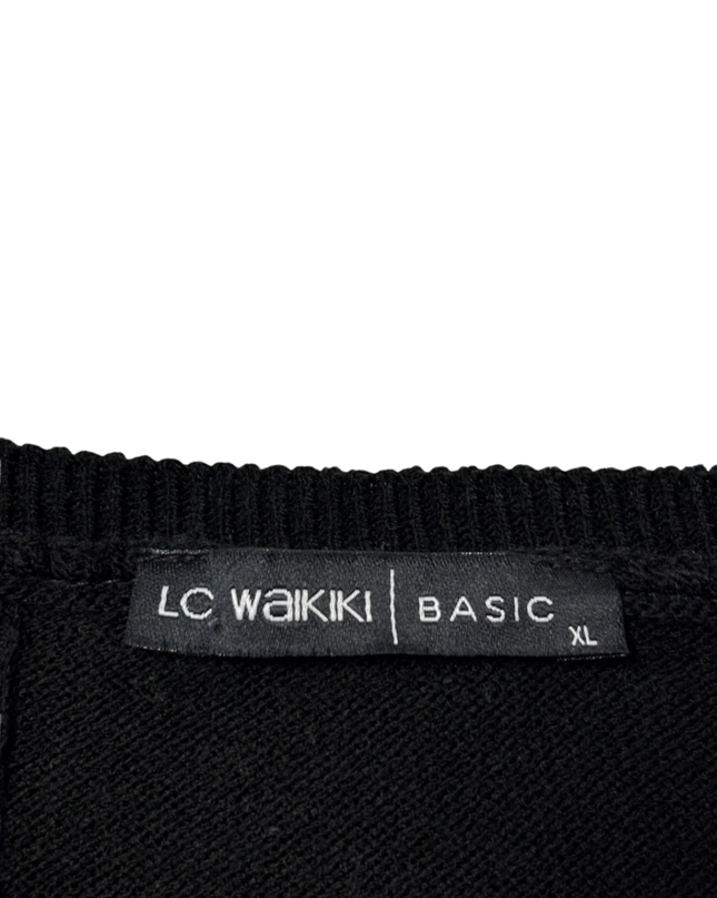 LC WAIKIKI Black Textured Grid Knit Crew Neck Sweater