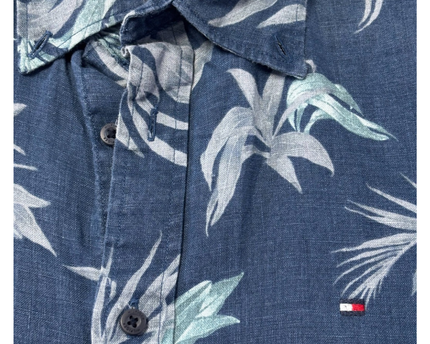 Tommy Hilfiger Blue Tropical Floral Print Linen Short Sleeve Shirt