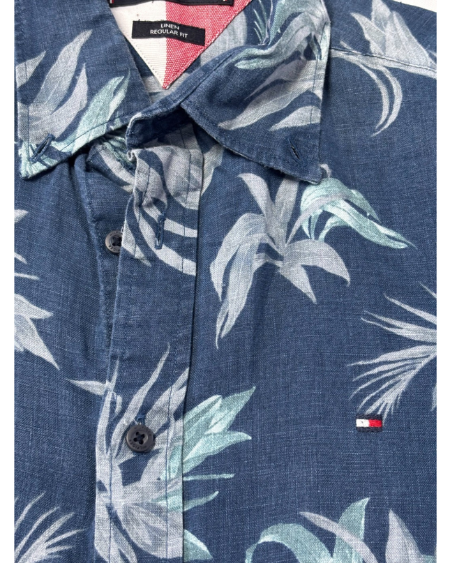 Tommy Hilfiger Blue Tropical Floral Print Linen Short Sleeve Shirt