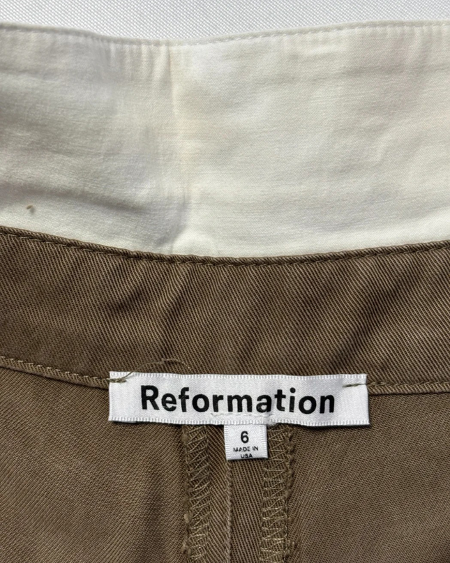 Reformation Brown Contrast Fold-Over Waistband Pleated Wide Leg Pants