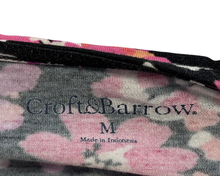 Croft & Barrow Black Floral Short Sleeve Pleated Neck Blouse