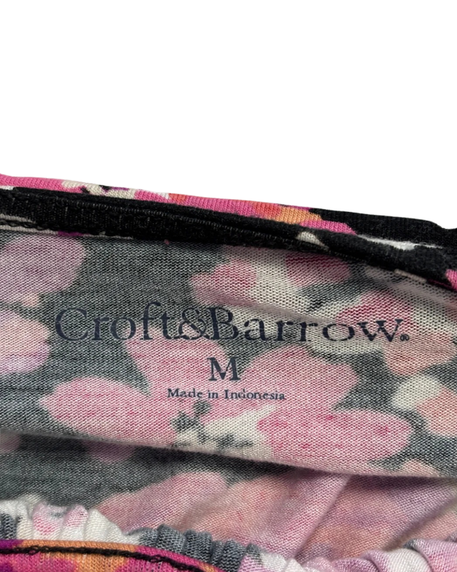 Croft & Barrow Black Floral Short Sleeve Pleated Neck Blouse