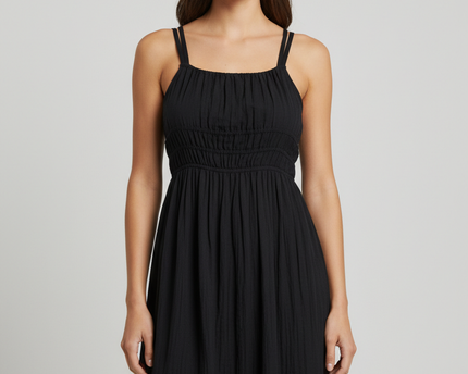 M&S Black Smocked Crinkle Petite Dress
