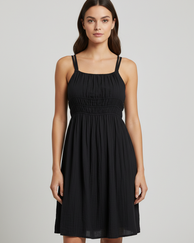 M&S Black Smocked Crinkle Petite Dress