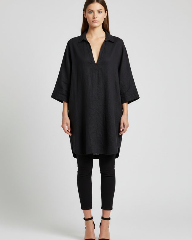 H&M Black Linen Blend Oversized V-Neck Blouse