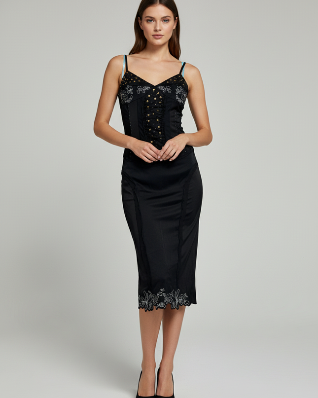 Mary-Kate and Ashley Black Y2K Embroidered Corset Midi Dress