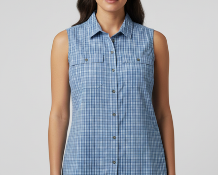 Eddie Bauer Blue Plaid Sleeveless Button-Down Hiking Shirt