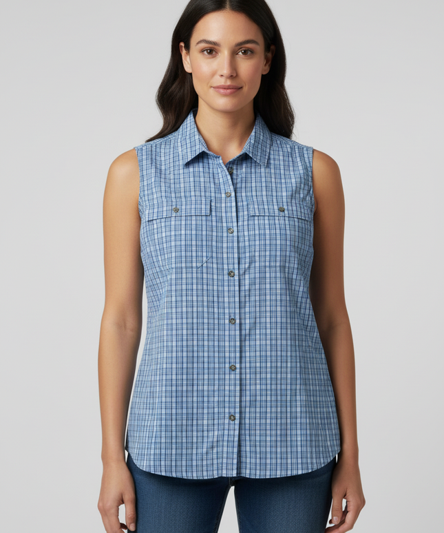 Eddie Bauer Blue Plaid Sleeveless Button-Down Hiking Shirt