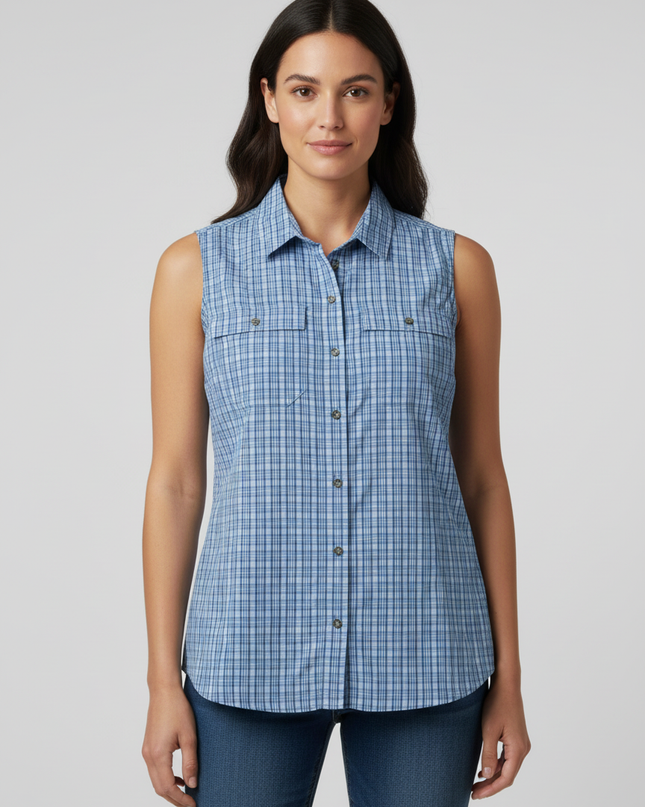 Eddie Bauer Blue Plaid Sleeveless Button-Down Hiking Shirt