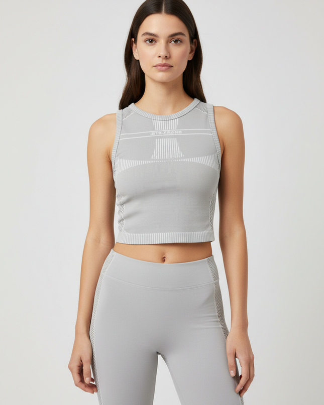 Iets Frans Grey Ribbed Open Back Mesh Crop Top