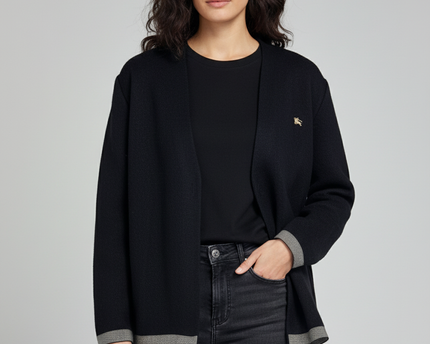 Burberry Black Vintage Knit Cardigan with Striped Trim