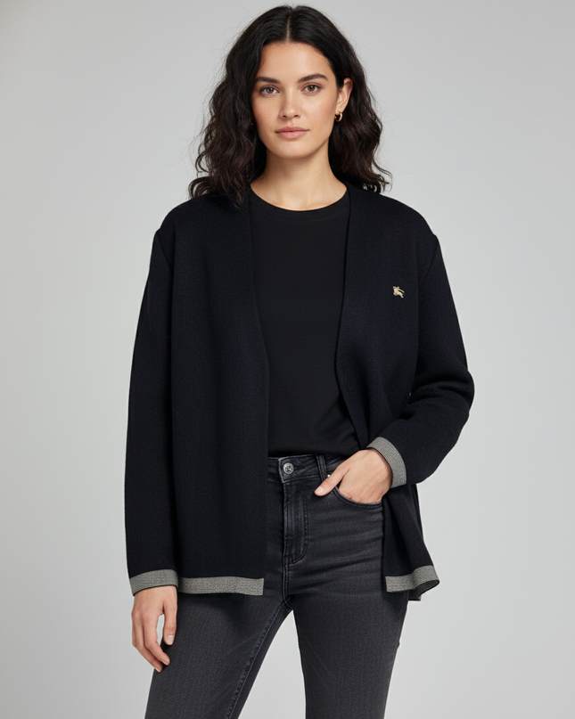 Burberry Black Vintage Knit Cardigan with Striped Trim