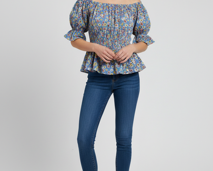 American Eagle Blue Floral Smocked Peplum Blouse