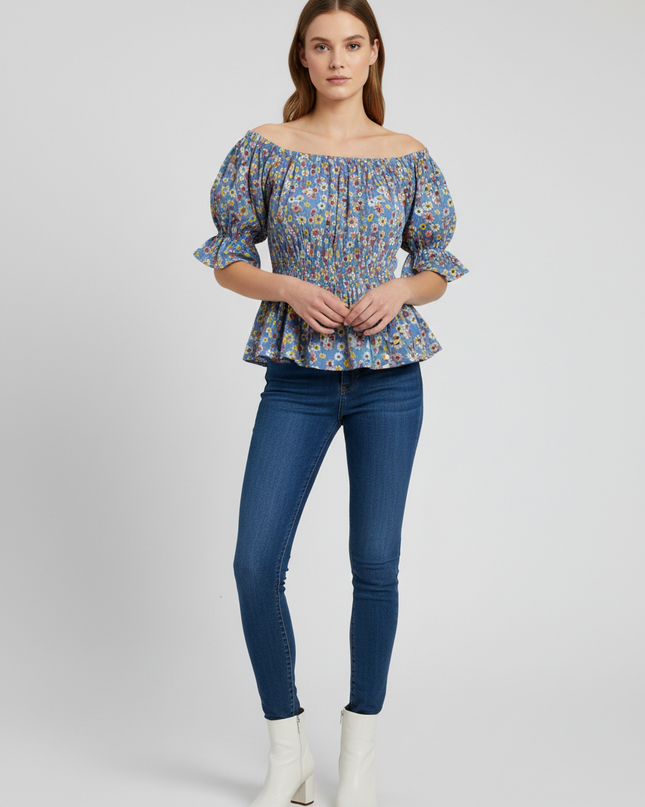 American Eagle Blue Floral Smocked Peplum Blouse