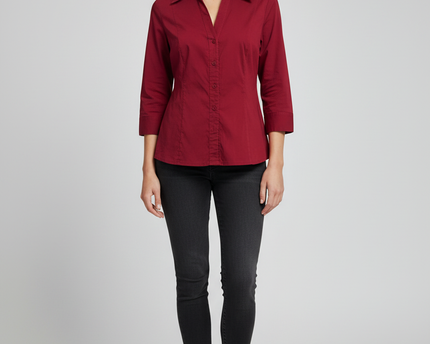 Apostrophe Red 3/4 Sleeve Button-Down Blouse