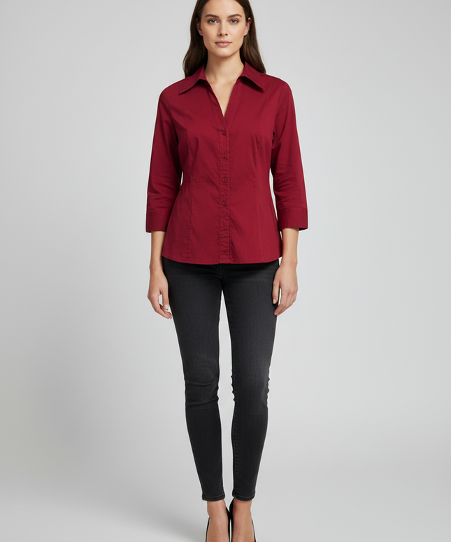 Apostrophe Red 3/4 Sleeve Button-Down Blouse