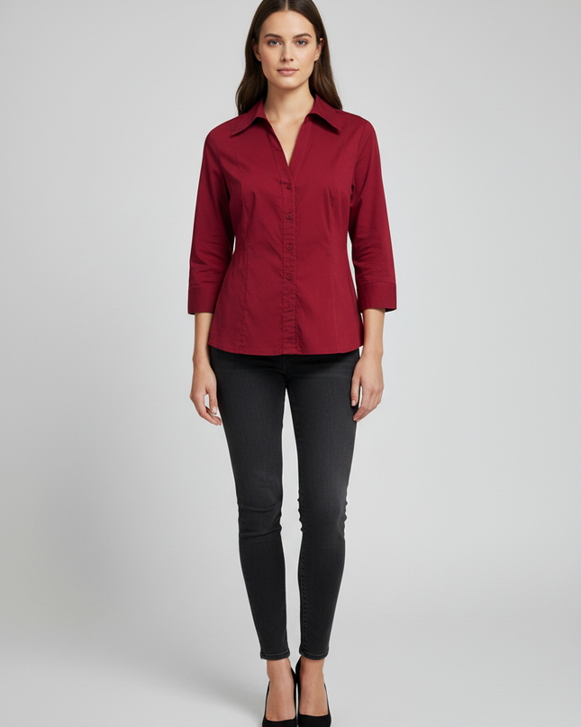 Apostrophe Red 3/4 Sleeve Button-Down Blouse