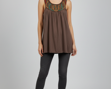 Fifth Avenue Brown Beaded Neckline Boho Sleeveless Top
