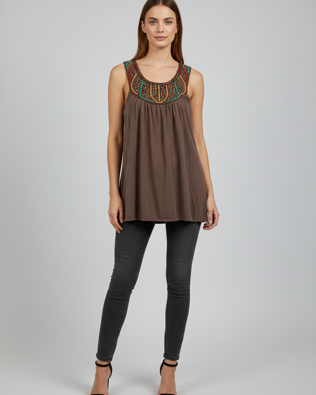 Fifth Avenue Brown Beaded Neckline Boho Sleeveless Top