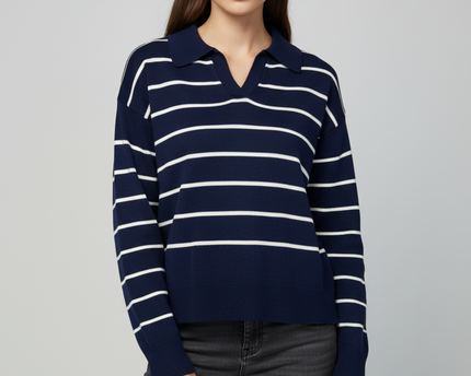 Trendyol Navy Blue Striped Polo Collar Knit Sweater